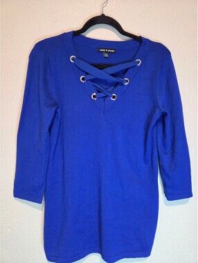 Cable & Gauge Blue Lace-Up Knit Top Medium